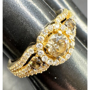 LeVian Chocolate & White Diamond Halo Engagement Ring 14K Yellow Gold Sz 7.25